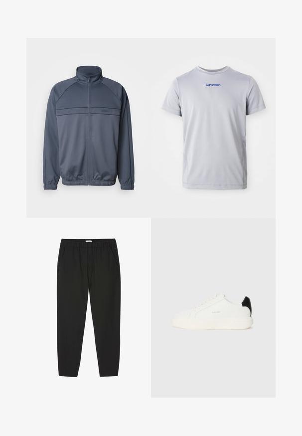 Veste de piste zippée en tissu gris foncé, avec un col montant, des poignets côtelés et des détails sur la poitrine avec des lignes horizontales.; T-shirt gris clair à manches courtes en tissu texturé, avec un logo bleu "Calvin Klein" sur la poitrine. Encolure ronde, coupe classique.; Pantalon noir avec taille élastique, jambes droites et poches latérales, conçu pour un usage décontracté ou professionnel.; Baskets en cuir blanc avec un accent noir à l'arrière, présentant un bout rond, des lacets plats et une épaisse semelle blanche. Logo Calvin Klein affiché.