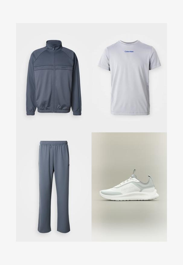 Lynlås sportjakke i mørkegrå stof med ståkrave, ribbede manchetter og brystdetaljer med vandrette linjer.; Lys grå kortærmet t-shirt lavet af tekstureret stof, med et blåt "Calvin Klein" logo tværs over brystet. Rund halsudskæring, normal pasform.; Grå sweatpants med elastisk talje, sidelommer og en afslappet pasform. Fremstillet af blødt stof med en glat tekstur og uden synlige mønstre.; Hvid og lysegrå lav-ankel Calvin Klein sneaker med snørebånd, trækflige på tunge og hæl, og en tyk struktureret sål.
