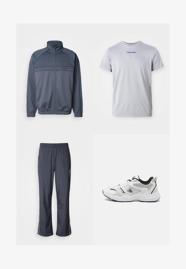 Chaqueta de chándal con cremallera en tejido gris oscuro, que presenta un cuello alto, puños acanalados y detalles en el pecho con líneas horizontales.; Camiseta de manga corta gris claro hecha de tejido texturizado, con un logo azul de "Calvin Klein" en el pecho. Cuello redondo, corte regular.; Pantalones de chándal ligeros en azul marino con cintura elástica, bolsillos laterales y franjas blancas en los costados. Textura suave.; Zapatillas deportivas blancas con parte superior de malla, acentos negros y una suela gruesa. Presentan un logotipo en el lateral y un cierre con cordones.