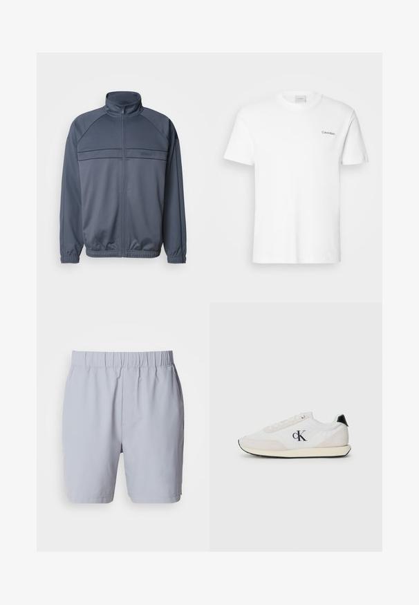 Gevoerd trainingsjack in donkergrijze stof, met een opstaande kraag, ribbelmanchetten en een borstdetail met horizontale lijnen.; Witte katoen T-shirt met korte mouwen en een ronde hals. Bevat een klein zwart "Calvin Klein" logo op de linkerborst.; Lichtgrijze zwembroek met een elastische tailleband, twee zijzakken en een gladde, lichte stof. Geen zichtbare patronen of versieringen.; Witte sneaker gemaakt van suede en textiel. Beschikt over een zwarte hielaccent, vetersluiting en een klein zwart logo aan de zijkant.