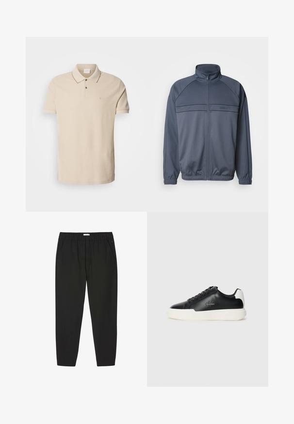 Gepolsterte Trainingsjacke aus dunkelgrauem Stoff mit Stehkragen, gerippten Bündchen und einer Brustdekoration mit horizontalen Linien.; Beige Poloshirt aus Baumwolle, mit einer Knopfleiste mit zwei Knöpfen, kurzen Ärmeln und einem kleinen Logo auf der Brust. Kontrastierende Nähte.; Schwarze Hosen mit elastischem Bund, geraden Beinen und Seitentaschen, entwickelt für Freizeit- oder Berufsbekleidung.; Schwarze Ledersneaker mit weißer Gummisohle. Merkmale sind eine runde Zehenpartie, ein Schnürdesign und ein Logo-Detail an der Seite. Rückseitiger Akzent in Weiß.