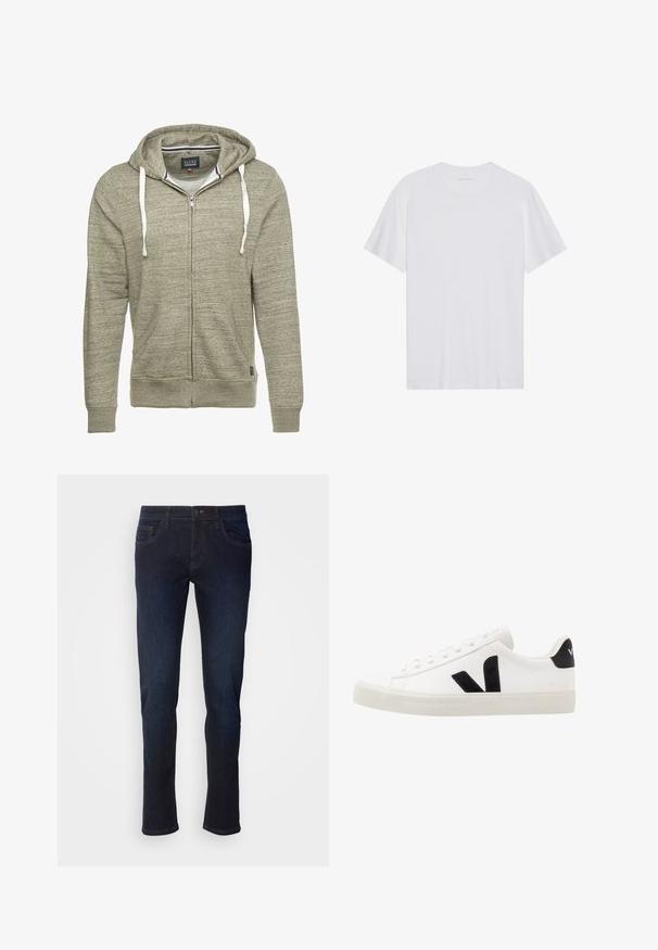 Haut de hoodie zippé gris clair en tissu texturé. Il présente une capuche avec cordon de serrage, deux poches avant et des poignets côtelés. Étiquette de marque visible à l'intérieur.; T-shirt en coton blanc à manches courtes, col rond et texture lisse. Présente un branding minimal au niveau du col.; Jean en denim bleu foncé avec une coupe droite, dotés de poches avant, d'une fermeture éclair et de détails de couture subtils.; Sneaker blanche en cuir avec des accents en daim noir ; dispose d'une semelle en caoutchouc, d'un bout rond et d'un design classique à lacets. Logo latéral en noir.