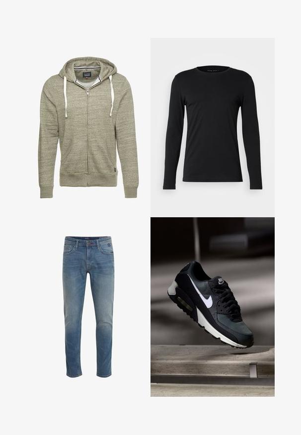 Sudadera con cremallera en gris claro, hecha de una tela texturizada. Cuenta con capucha con cordones, dos bolsillos delanteros y puños acanalados. Etiqueta de la marca visible en el interior.; Camiseta de manga larga negra, hecha de tejido suave. Presenta un escote redondo y una silueta ajustada sin gráficos ni adornos visibles.; Vaqueros clásicos de mezclilla azul con corte recto, lavado claro, cinco bolsillos y un sutil detalle de arrugas. Cierre con botón metálico y cremallera.; Zapatilla Nike Air Max negra y gris con el logo blanco, suspendida sobre una superficie de cemento contra un fondo oscuro y desenfocado.