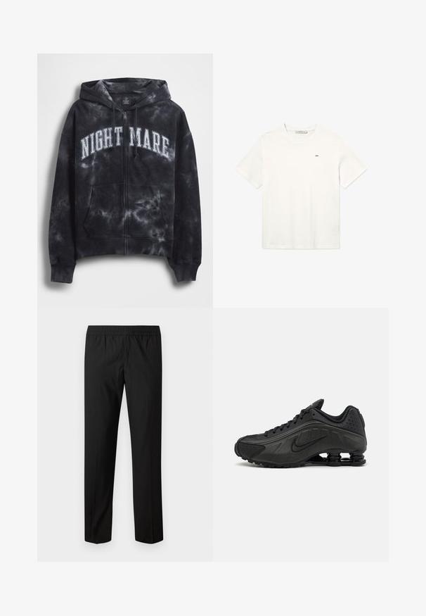 Sudadera con capucha con cremallera y diseño de teñido anudado negro, con el texto "NIGHT MARE" en blanco en el pecho, que cuenta con capucha y bolsillo frontal. Tejido texturizado.; Camiseta de algodón blanca con mangas cortas, cuello redondo y un pequeño logotipo negro en el pecho. Diseño sencillo y sin adornos.; Pantalones negros de pierna recta con cintura elástica, sin bolsillos visibles ni adornos.; Zapatillas de running negras con un upper sintético liso, detalles perforados, paneles laterales texturizados y una suela distintiva y elástica.