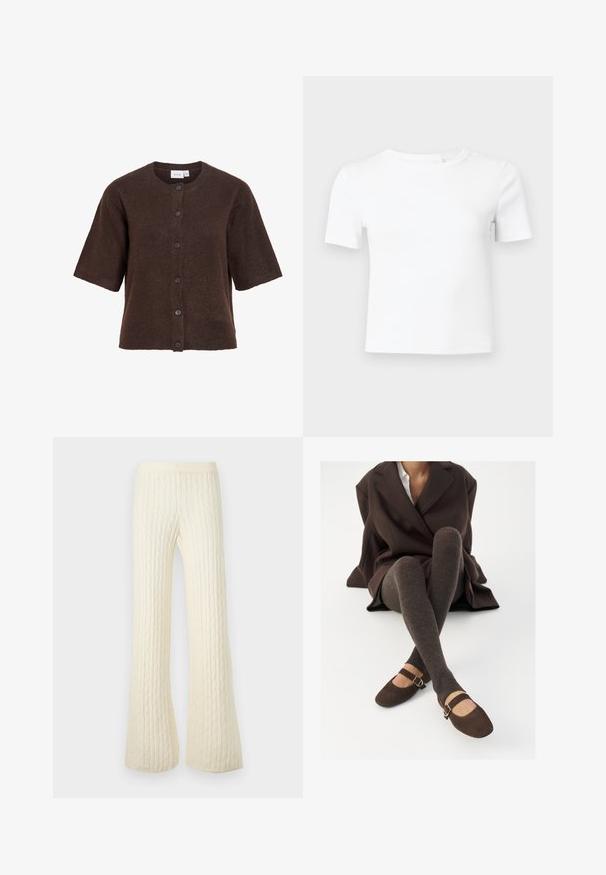 Cardigan marron en laine à manches courtes avec col rond et six boutons devant, marque VILA.; T-shirt blanc à manches courtes en tissu côtelé, avec un col rond et une coupe ajustée, idéal pour superposer ou porter au quotidien.; Pantalon large couleur crème en maille torsadée avec taille élastique, conçu pour la chaleur et le confort.; Des chaussettes marron côtelées jusqu'aux genoux associées à des ballerines en daim marron de type Mary Jane avec une sangle décorative et une boucle, portées avec un manteau sombre.