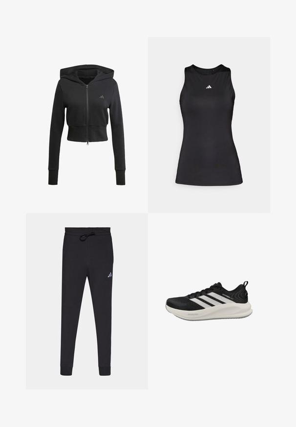 Haut de hoodie noir à zip court. Fabriqué dans un tissu lisse avec un design ajusté. Il possède une capuche, des manches longues et un petit logo sur la poitrine.; Débardeur de sport noir sans manches en tissu lisse. Il présente un col rond et un petit logo Adidas blanc sur la poitrine.; Pantalons de sport noirs en tissu doux, avec une taille à cordon, des jambes fuselées et un petit logo Adidas blanc sur la cuisse gauche.; Chaussure de course Adidas Supernova en noir et blanc avec dessus en mesh, trois bandes, semelle amortie marquée Dreamstrike et languette de tirage au talon.