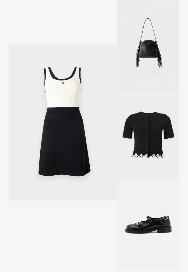 Cardigan noir en maille à manches courtes avec motif texturé et ornements floraux blancs le long de l'ourlet festonné.; Robe sans manches noire et blanche avec haut blanc côtelé, bordure noire, emblème décoratif sur la poitrine, et jupe trapèze noire unie avec deux poches avant.; Chaussures en cuir noir avec détails de brogue, dotées de deux sangles à boucle, d'un bout arrondi et d'un talon bas. Texture lisse avec finition brillante.; Sac à main en cuir noir avec une forme courbée, une longue bandoulière réglable et des franges de chaque côté sur un fond clair.