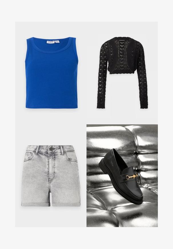 Cardigan noir court en maille avec manches longues et lien lacé à l'avant, avec un motif ajouré et des bords côtelés.; Haut court côtelé bleu sans manches avec encolure ronde et étiquette de la marque à l'intérieur du col.; Shorts en denim gris avec ourlets roulés, design cinq poches et fermeture par bouton central. Texture lisse avec des détails de décoloration subtils.; Mocassin en cuir noir avec un détail en métal doré. La chaussure présente un design épuré et une texture lisse et brillante.