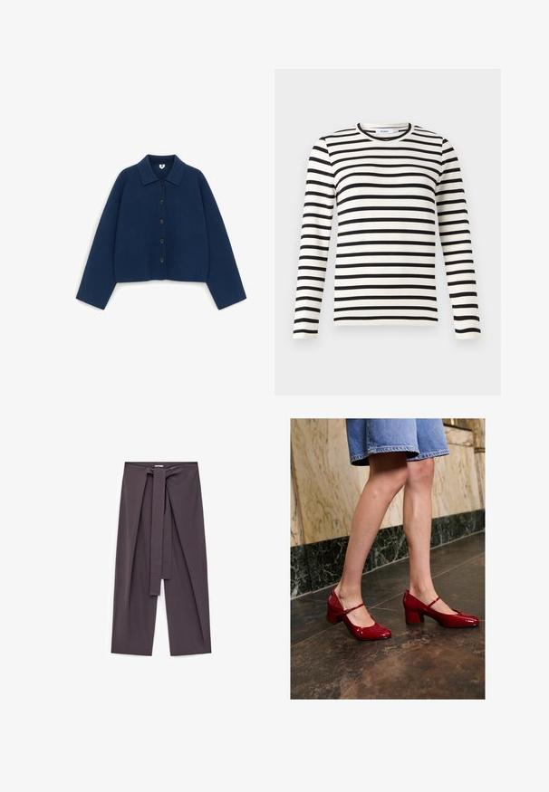 Marineblauwe lange mouwen button-up cardigan met een kraag en vijf zwarte knopen aan de voorkant, plat uitgestald op een witte achtergrond.; Langarm T-shirt gemaakt van zachte stof, met horizontale zwart-witte strepen, een ronde halslijn en een getailleerd silhouet.; Wijde broek in een effen donkergrijze stof, met een strikdetail aan de voorkant, een ontspannen pasvorm en enkelhoge lengte met een gladde textuur.; Persoon in glanzende rode Mary Jane blokhakken en een blauwe denim rok, staand op een donker betegelde vloer nabij een marmeren wand.