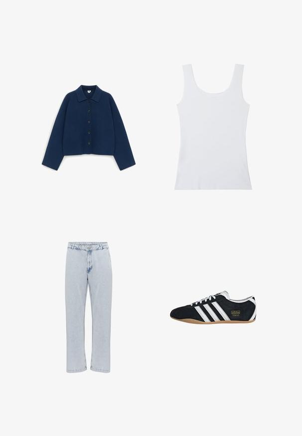 Marineblauwe lange mouwen button-up cardigan met een kraag en vijf zwarte knopen aan de voorkant, plat uitgestald op een witte achtergrond.; Effen witte mouwloze tanktop met brede schouderbanden en ronde halslijn, weergegeven tegen een witte achtergrond.; Lichtblauwe denim jeans met een recht gesneden ontwerp, voorzien van een conventionele knoop- en ritsopening, en een licht versleten textuur.; Zwarte suède sneaker met witte drie strepen, gouden logo en een bruine rubberen zool. Heeft een laag profiel vetersluiting ontwerp.