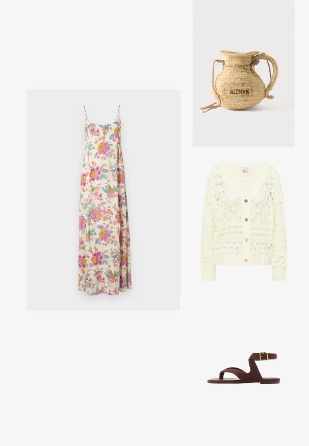 Helle cremefarbene Häkel-Cardigan mit V-Ausschnitt, ausgestattet mit einem detaillierten Spitzenmuster und drei goldenen Knöpfen auf der Vorderseite. Weiches, strukturiertes Strickmaterial.; Ärmelloses Maxikleid mit dünnen Trägern, cremefarbenem Hintergrund und lebhaftem Blumenmuster in Pink-, Orange-, Gelb- und Grüntönen.; Braune Wildleder-Sandale mit rutschfestem Design, Knöchelriemen mit Schnalle und flacher Sohle. Offene Zehen mit glatter Textur.; Runde, geflochtene Strohtasche mit Kordelgriff und dem Schriftzug "ALEMAIS" auf der Seite, in braunem Garn gestickt.