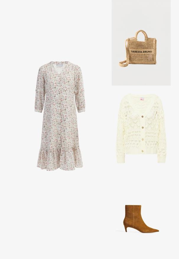 Lys creme hæklede cardigan med V-hals, der har et detaljeret blondermønster og tre guldknapper foran. Blød, struktureret strik.; Blomstret kjole i let stof med trekvartærmer, V-udskæring og en flagrende sømkant med rynkede detaljer forneden.; Brune ruskind ankelstøvle med spids tå og en lav kittenhæl. Designet har en glat tekstur og en sømløs overdel.; Vævet beige håndtaske med to håndtag, lang rem, åben vævning og "VANESSA BRUNO" broderet i sort på forsiden.