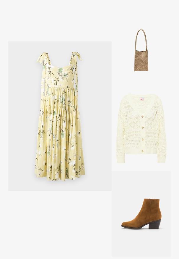 Lys creme hæklede cardigan med V-hals, der har et detaljeret blondermønster og tre guldknapper foran. Blød, struktureret strik.; Gul midi kjole med hvidt og grønt blomsterprint, lagdelt nederdel og bundet skulderremme på en ensfarvet baggrund.; Brune ruskind ankelstøvle med spids tå og stablet hæl. Glat tekstur med lynlås i siden til lukning. Klassisk design og form.; Rektangulær flettet stråtaske med langt flettet håndtag, lysebrune naturfibre og åben top.