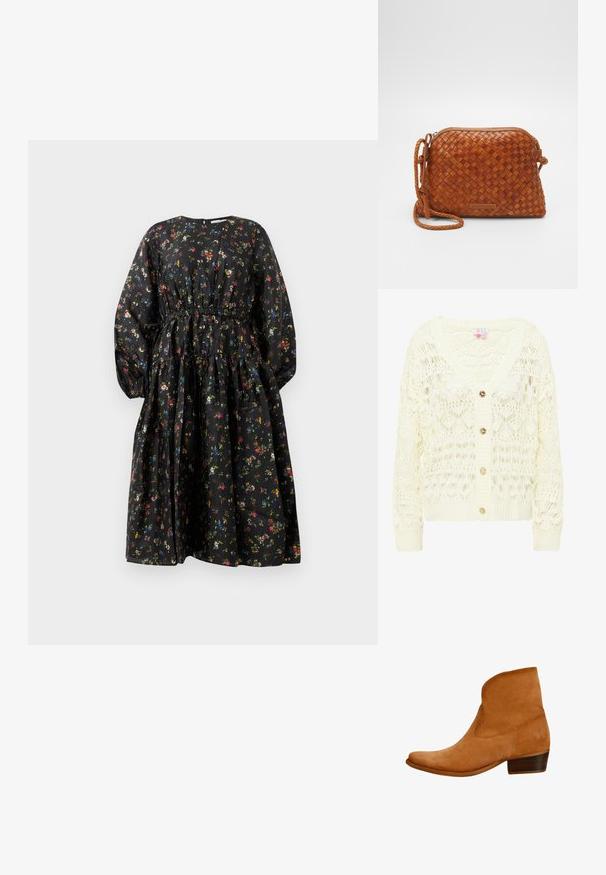 Lys creme hæklede cardigan med V-hals, der har et detaljeret blondermønster og tre guldknapper foran. Blød, struktureret strik.; Sort blomsterkjole med lange ærmer, indsnævret talje og lagdelt nederdel. Har et farverigt blomsterprint og en glat stoftekstur.; Suedes brown ankelstøvle med en buet top, spids tå og lav træhæl; har diskret præget detalje på siden.; Brun vævet læder crossover taske med lynlåslukning, rund form og en flettet skulderrem. Har en lille, rektangulær logoplade.