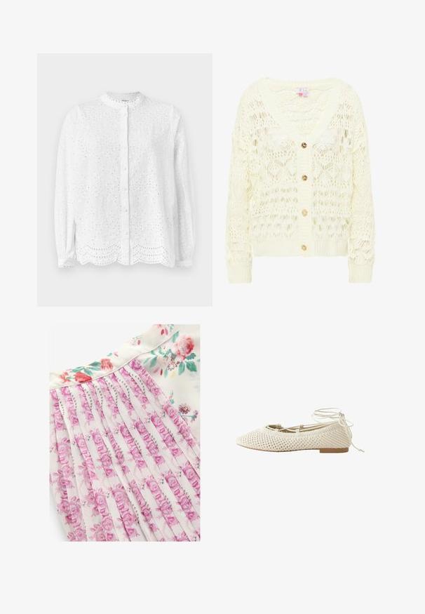 Lys creme hæklede cardigan med V-hals, der har et detaljeret blondermønster og tre guldknapper foran. Blød, struktureret strik.; Hvid bluse med rund halsudskæring, lange ærmer og knaplukning; har broderede udskæringer og en bølget kant.; Blomsterkjole med hvid baggrund og pink og grønne blomstermønstre, plisseret design og en glat stoftekstur.; Kremfarvet hæklede balletflade med spids tå og ankelbind, med lav flad sål.