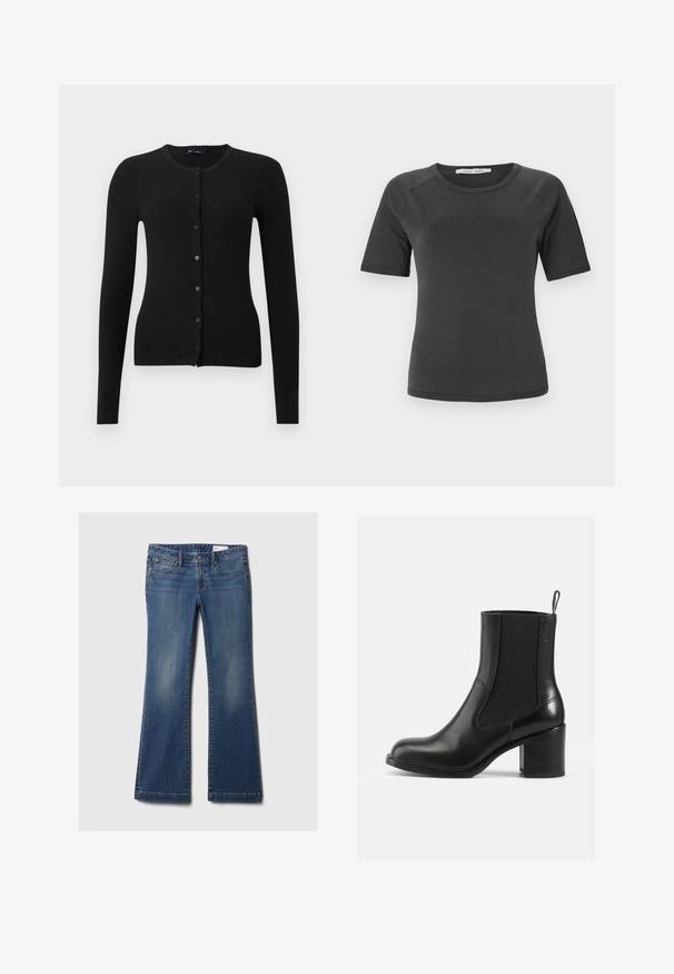 Cardigan noir côtelé avec manches longues, encolure ronde et fermeture à boutons sur le devant. Comprend des boutons noirs assortis et une coupe ajustée.; T-shirt noir chiné à manches courtes avec un col rond, fabriqué en tissu lisse, doté de manches raglan et d'un design minimaliste.; Jean en denim bleu à pattes d'éléphant, avec cinq poches, rivets en cuivre, décoloration subtile et un design de ceinture classique. Ourlet droit en bas.; Botte noire en cuir à chevilles avec panneaux latéraux en élastique, bout rond et talon bloc. Texture lisse avec peu de détails de couture.
