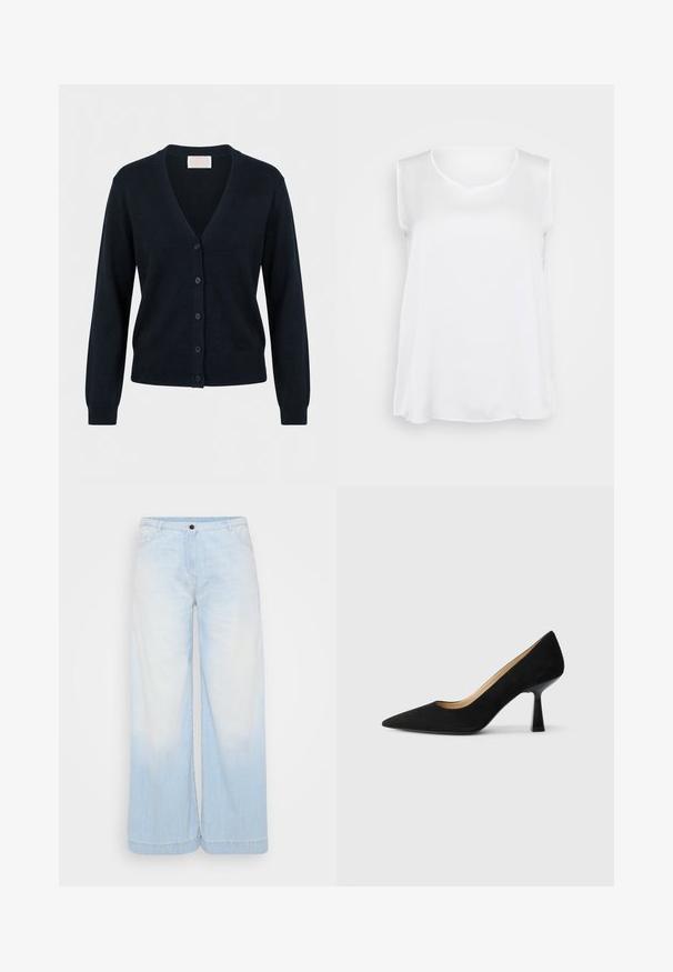 Sort cardigan med knapper, lange ærmer, V-hals samt ribstrikkede manchetter og kant, vist på hvid baggrund.; Hvid ærmeløs top med en glat tekstur, v-hals og afslappet pasform. Lidt buet kant og sideslids for forbedret bevægelse.; Lysblå denim brede bukser med en gradient vask, der har en knaplukning, forlommer og kontrastsyninger langs kanten.; Sorte ruskinds højhælede pumps med spids tå, der har en blank sort blokhæl og en glat indvendig foring.