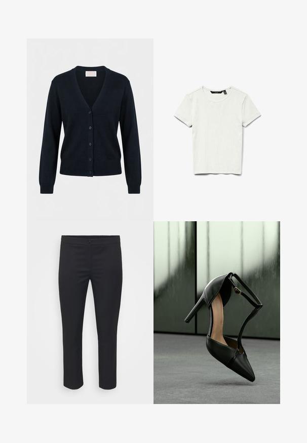Schwarzer Cardigan mit Knöpfen, langen Ärmeln, V-Ausschnitt und gerippten Bündchen sowie Saum, auf weißem Hintergrund dargestellt.; Schlichtes weißes kurzärmliges geripptes Baumwoll-T-Shirt mit rundem Ausschnitt, flach auf weißem Hintergrund dargestellt.; Schwarze, taillierte Hosen mit glatter Textur, mittlerer Taille und knöchellanger Länge. Mit einem Frontknopfverschluss und klaren Linien.; Schwarzer High Heel aus Leder mit spitzer Spitze und Knöchelriemen, über einer grauen Oberfläche schwebend, im Hintergrund mattierte Glaspaneele.