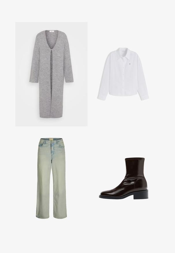 Grå strikket cardigan med dyb V-udskæring, lange ærmer og central åbning. Blød tekstur og knælængde design.; Hvid langærmet skjorte med knapper og krave samt lille Tommy Hilfiger-logo på venstre bryst.; Lyseblå bred-benede jeans lavet af denim, med høj talje, forlommer og knap- og lynlåslukning. Glat tekstur med let falmning.; Mørkebrun læderankelstøvle med firkantet tå, lav blokhæle og stikning langs øverste kant, vist i sideprofil.