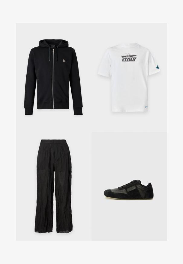 Sort lynlås-hættetrøje med snøre i hætten og lille flerfarvet dyrelogo på venstre bryst mod grå baggrund.; Iceberg T-shirts print - bianco ottico; Sorte linned brede bukser med en struktureret overflade. Har en elastisk talje og diskrete folder.; Sorte sneakers lavet af ruskind og læder. Har en lav profil, rund snude, snørebåndsdesign og strukturerede detaljer. Sålene har skridsikre mønstre.