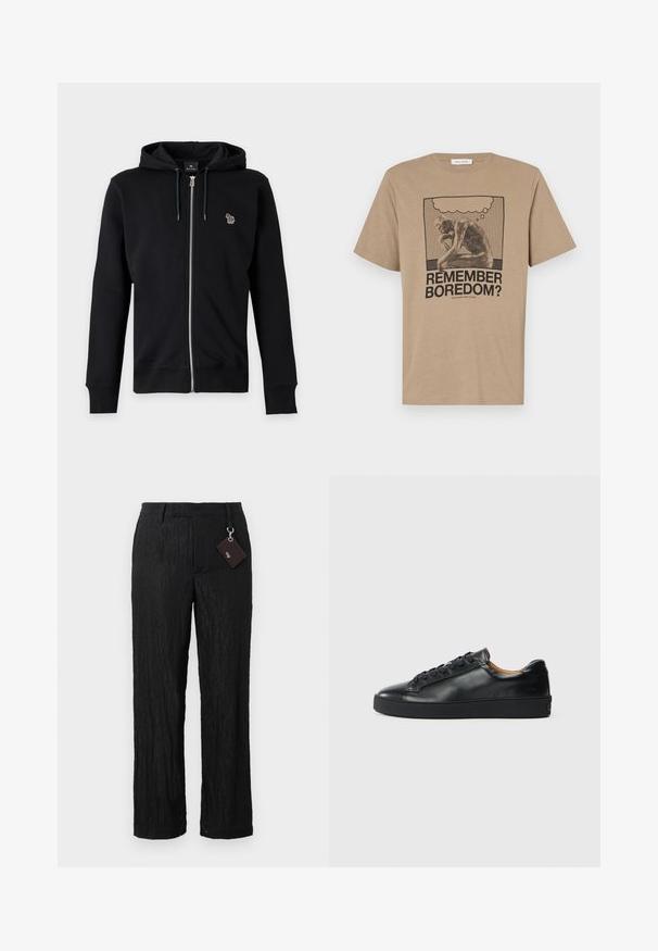 Sort lynlås-hættetrøje med snøre i hætten og lille flerfarvet dyrelogo på venstre bryst mod grå baggrund.; Beige bomulds t-shirt med et grafisk motiv af en tænksom figur og teksten "HUSKER DU KEDSELIGEHED?" trykt i sort. Rund hals design.; Sorte, teksturerede bukser med vide ben, glat overflade og synlige sømme; inkluderer et mærke fastgjort med en sølvhardware løkke.; Sorte lædersneakers med en glat overflade, rund tå og snørebåndslukning. Har en tyk gummisål og minimal branddetalje.