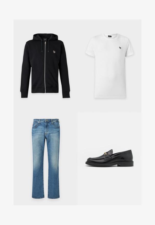 Sweat à capuche noir zippé avec cordon et petit logo animal multicolore sur le côté gauche de la poitrine sur fond gris.; T-shirt blanc uni à manches courtes et col rond avec un petit logo zèbre rayé noir et blanc sur la poitrine gauche.; Pantalon en denim bleu, design à jambe droite avec un délavage, présentant un style classique à cinq poches et des accents en métal.; Mocassins en cuir noir avec un embout rond, présentant des accents en métal doré et des détails de couture, montés sur une semelle en caoutchouc texturé et basse.