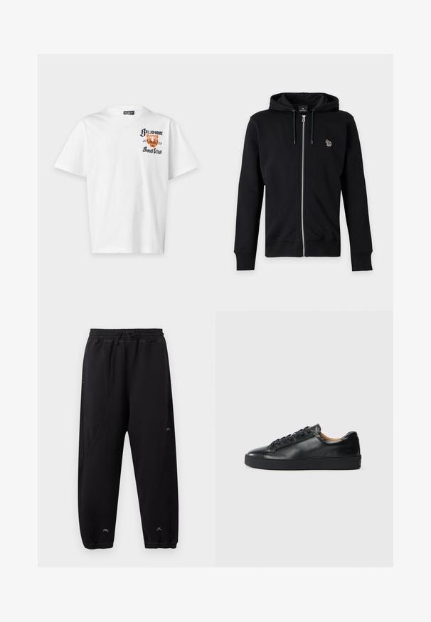 Black zip-up hoodie with drawstring hood and small multicolor animal logo on left chest against gray background.; White short-sleeve t-shirt with "Billionaire Boys Club" text and an orange tiger face graphic on the upper left chest.; Black jogger pants with elastic waistband and cuffs, slim fit, subtle stitching details, and small white logo near ankles and thigh.; Black leather sneaker with a smooth texture, round toe, and lace-up closure. Features a thick rubber sole and minimal branding detail.