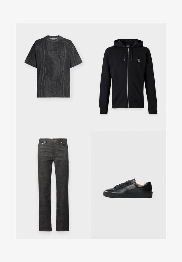 Sweat à capuche noir zippé avec cordon et petit logo animal multicolore sur le côté gauche de la poitrine sur fond gris.; T-shirt noir à manches courtes avec col rond, motif abstrait gris foncé subtil et tissu texturé, présenté à plat sur un fond clair.; Jean droit en velours côtelé noir avec poches avant et arrière, passants de ceinture et fermeture à bouton sur fond blanc.; Baskets en cuir noir avec une texture lisse, bout rond et fermeture à lacets. Comprend une semelle en caoutchouc épaisse et un minimum de détails de marque.