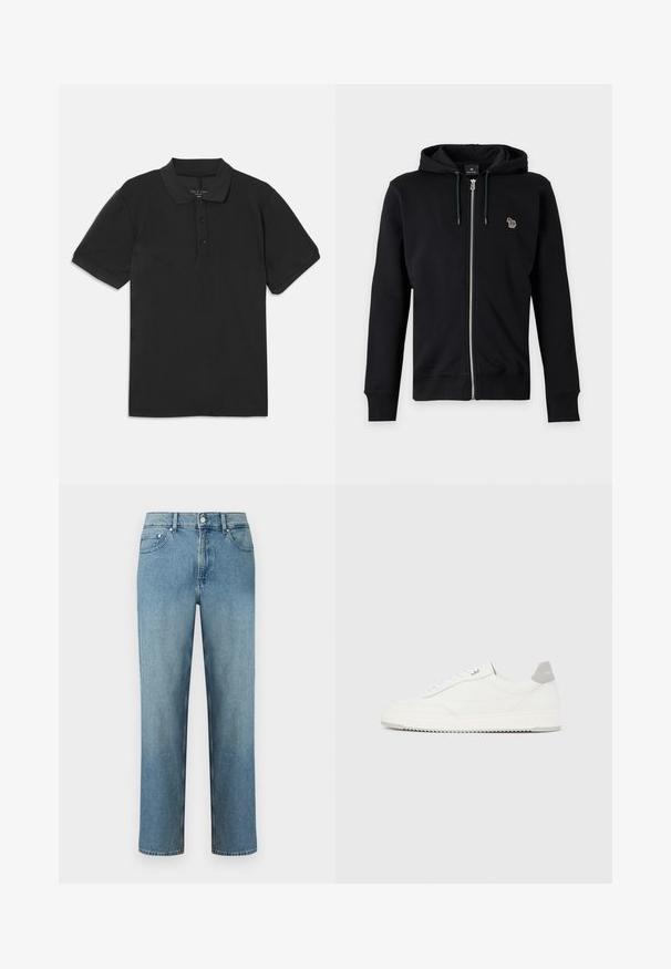 Sweat à capuche noir zippé avec cordon et petit logo animal multicolore sur le côté gauche de la poitrine sur fond gris.; Polo noir à manches courtes, avec un col et une patte de boutonnage à trois boutons. Fabriqué à partir d'un tissu lisse et léger, présentant un design classique.; Jean en denim bleu clair à coupe droite, avec cinq poches et une fermeture par bouton à la taille. Détails de couture le long des coutures.; Baskets basses blanches avec un onglet de talon gris, des lacets blancs et une semelle texturée, présentées sur un fond uni clair.
