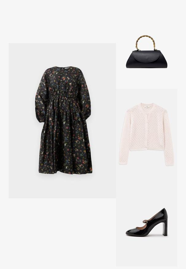 Cardigan en tricot rose clair avec un motif texturé, décolleté rond, et fermeture à boutons comprenant quatre boutons. Longueur courte et manches longues.; Robe noire à motifs floraux avec manches longues, taille froncée et jupe à volants. Présente un motif floral coloré et une texture de tissu lisse.; Chaussure Mary Jane à talon haut en cuir verni noir avec un bout arrondi et une petite sangle à boucle sur le coup de pied sur fond blanc.; Sac à main en cuir noir texturé avec poignée en bambou courbée et fermeture à rabat, forme trapézoïdale sur fond blanc.