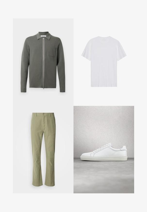 Cardigan vert olive avec un zip à l'avant, des manches longues, une petite poche poitrine et une finition en tricot texturé. Design minimaliste.; T-shirt en coton blanc à manches courtes, col rond et texture lisse. Présente un branding minimal au niveau du col.; Pantalon en coton vert clair avec une coupe droite, doté d'une fermeture à bouton à l'avant et d'une texture discrète. Aucun motif ou accent visible.; Sneaker blanche avec une tige en cuir lisse et un profil bas. Présente un bout arrondi, six œillets et une semelle en caoutchouc texturé.