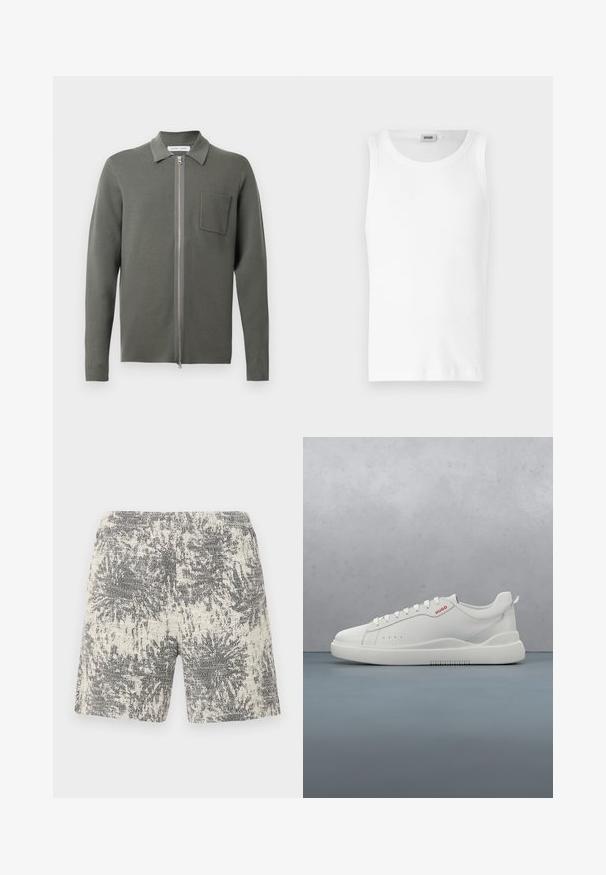 Olivengrøn cardigan med lynlås foran, lange ærmer, en lille brystlomme og en struktureret strikfinish. Minimalistisk design.; Hvid bomulds tanktop uden ærmer med rund halsudskæring og en glat tekstur. Enkel design, ingen mønstre eller accenter.; Strikshorts i creme og sort med et struktureret, abstrakt mønster. Elastisk talje for komfort og nem påklædning.; Hvide sneakers med en glat læderfinish, rund tå, fire snørehuller, subtile perforeringer og en rød logo detalje på siden.