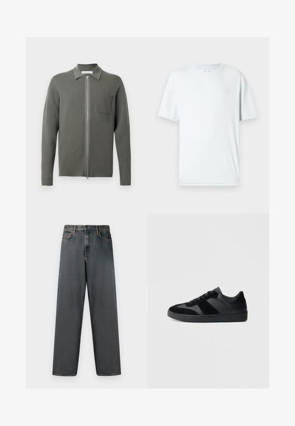 Olivengrøn cardigan med lynlås foran, lange ærmer, en lille brystlomme og en struktureret strikfinish. Minimalistisk design.; Lyseblå bomuld t-shirt med rund hals, korte ærmer og minimalistisk broderet logo på brystet. Glat tekstur, enkelt design.; Mørkegrå denimjeans med lige ben, fem lommer og en knap- og lynlås-lukning. Stofmet har diskret falming og syninger.; Sorte sneakers med en kombination af glat læder og ruskind, med en tekstureret sort gummisål og subtil stripingdetalje.