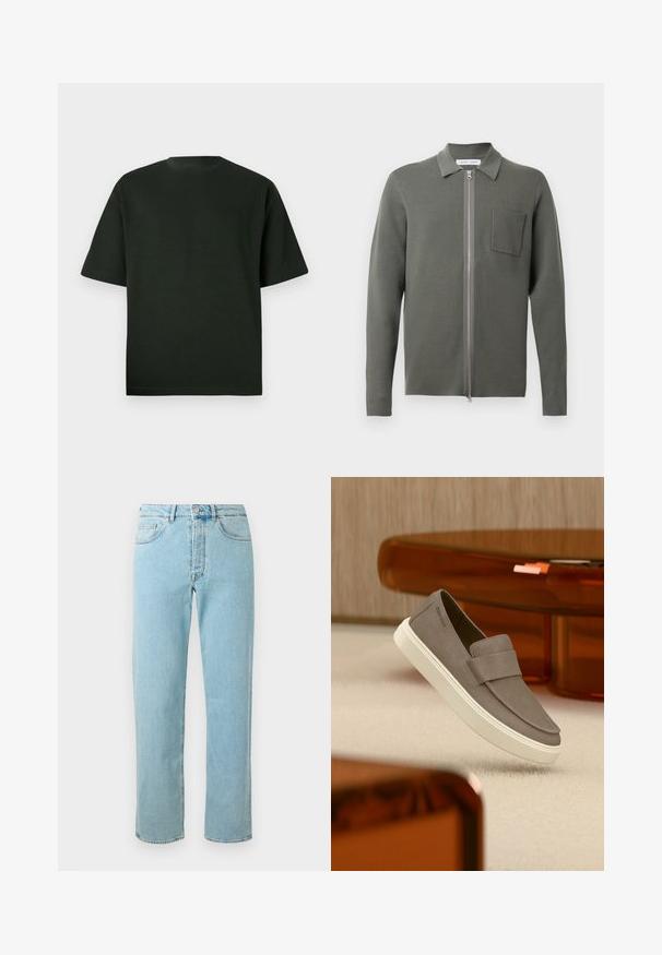 Cárdigan verde oliva con cierre frontal, mangas largas, un pequeño bolsillo en el pecho y un acabado de punto texturizado. Diseño minimalista.; Camiseta de manga corta verde oscuro con cuello redondo. Hecha de una tela suave, cuenta con un ajuste relajado y sin patrones o acentos visibles.; Jeans de mezclilla azul claro con corte recto, que cuentan con cinco bolsillos, cremallera y un ligero desgaste en toda la tela.; Zapato de ante gris sin cordones con suela blanca suspendido sobre una alfombra beige, con muebles translúcidos naranjas al fondo.