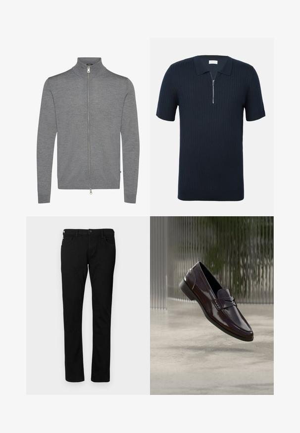 Grijze ritscardigan gemaakt van zacht materiaal, met een hoge halslijn, lange mouwen en een ritssluiting aan de voorkant. Schoon, minimalistisch ontwerp zonder patronen.; Navyblauwe polo met korte mouwen van ribbeltextuur, voorzien van een halve rits en een klassieke kraag. Lichtgewicht en aansluitend design.; Zwarte denim jeans met een slim fit, voorzien van voorzakken, riemlussen en een knoopsluiting. Soepele textuur met een effen kleur.; Bruine leren loafers met een glanzende afwerking, voorzien van een verhoogde naad en een klein uitgesneden detail aan de voorkant, en een lage zwarte zool.