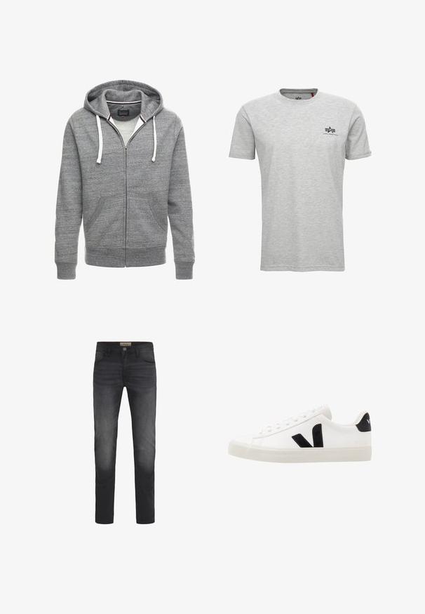 Grau zip-up Hoodie aus weichem Baumwollmix. Verfügt über eine Kapuze mit Kordelzug, Fronttaschen sowie gerippte Bündchen und Saum.; Graues kurzärmliges T-Shirt aus Baumwollmischung mit Rundhalsausschnitt; verfügt über ein schwarzes Logo auf der linken Brust und ein rotes Etikett am Kragen.; Dunkelblaue Jeans mit Slim-Fit-Schnitt, Knopfverschluss, fünf Taschen und einem leichten Ausbleichungseffekt an den Oberschenkeln.; Weiße Leder-Sneaker mit schwarzen Wildlederelementen; verfügen über eine Gummisohle, eine runde Spitze und ein klassisches Schnürdesign. Seitliches Logo in Schwarz.