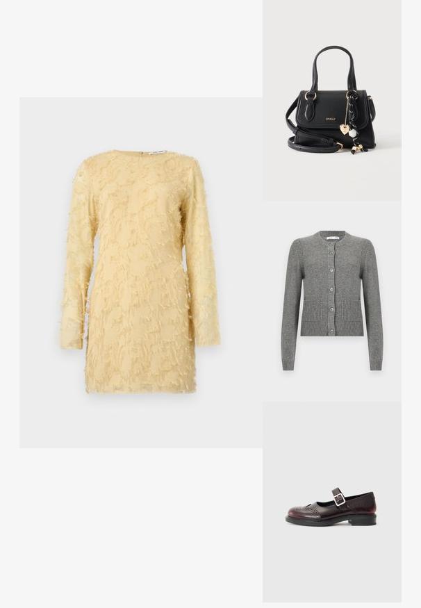 Gilet gris en tissu tricoté, avec des manches longues, un col rond, une fermeture à boutons et des accents côtelés, doté de deux poches avant.; Robe jaune à manches longues, tissu texturé avec des détails effilochés partout. Encolure ronde avec une fermeture éclair au dos.; Chaussure de style Mary Jane en cuir verni bordeaux foncé, avec des détails perforés et une sangle à boucle. Talon bas, bout rond.; Sac à main Hugo en cuir noir avec deux poignées, une bandoulière amovible et un cordon décoratif noir et blanc avec pendentif cœur doré.