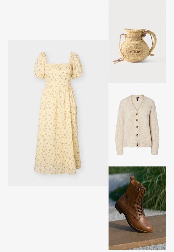 Lysebeige strikket cardigan med V-udskæring, kabelstrikkemønster og fem brune knapper ned foran. Ribstrikkede manchetter og kant.; Gul midi-kjole med pufærmer, firkantet udskæring, delikat blomsterprint og rynket talje.; Brun læderankelstøvle med lynlås på siden og snørebånd, placeret på en træoverflade udendørs med sløret grønt område i baggrunden.; Rund flettet stråtaske med håndtag af reb og "ALEMAIS" broderet på siden med brunt garn.