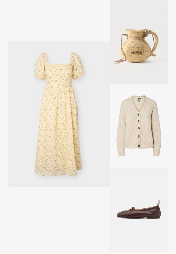 Lysebeige strikket cardigan med V-udskæring, kabelstrikkemønster og fem brune knapper ned foran. Ribstrikkede manchetter og kant.; Gul midi-kjole med pufærmer, firkantet udskæring, delikat blomsterprint og rynket talje.; ALOHAS ROSALIND BALLET FLATS - Ballerinasko - brown; Rund flettet stråtaske med håndtag af reb og "ALEMAIS" broderet på siden med brunt garn.