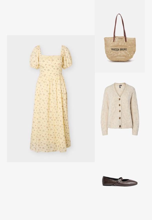 Lysebeige strikket cardigan med V-udskæring, kabelstrikkemønster og fem brune knapper ned foran. Ribstrikkede manchetter og kant.; Gul midi-kjole med pufærmer, firkantet udskæring, delikat blomsterprint og rynket talje.; Brune læder flade sko med rund tå og en justerbar spænde rem over midtfoden. Glat tekstur og minimalistisk design.; Vanessa Bruno PANIER - Shopping bags - sable/noir