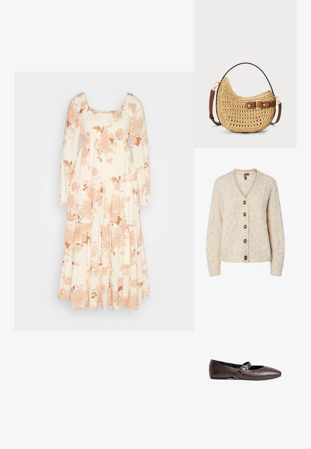 Lysebeige strikket cardigan med V-udskæring, kabelstrikkemønster og fem brune knapper ned foran. Ribstrikkede manchetter og kant.; American Eagle MIDI - Hverdagskjole - cream; Brune læder flade sko med rund tå og en justerbar spænde rem over midtfoden. Glat tekstur og minimalistisk design.; Vævet halmmulesæk med en buet form, brunt læderstrop med spænde og en naturlig tan farve. Tekstureret overflade med synlige sting.