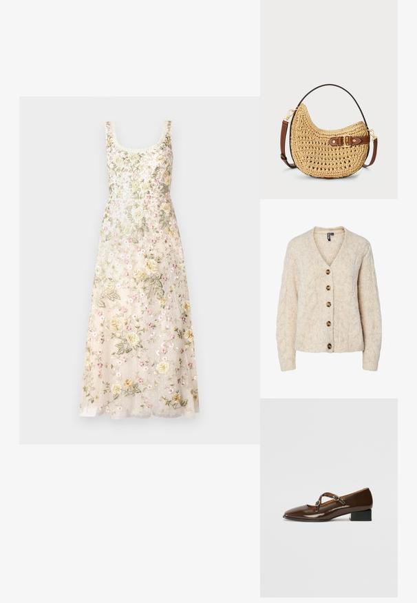 Helebeež kardigan, millel on V-kaelus, palmikee mustriga soonikkoes ning ees viis pruuni nuppu. Varrukate ja alaääre servad on soonikkoes.; Needle & Thread FLORINE SCOOP NECK BALLERINA DRESS - Pidulikud riided - cream; Prunad patentnahkjalised Mary Jane kingad ruudukujulise varbaga, kaks reguleeritavat rihma, millel on ümmargused metallist pandlad, ja madal plokknina.; Kootud söe-kott, millel on kõver kuju, pruun nahkrihm klambriga ja naturaalne beež värv. Tekstureeritud pind, kus on nähtavad õmblused.