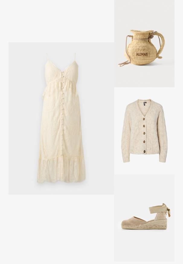 Cardigan en maille beige clair avec un col en V, motif torsadé, et cinq boutons marron sur le devant. Poignets et ourlet côtelés.; Robe midi en dentelle crème avec fines bretelles, fermeture à boutons sur le devant, bustier près du corps et ourlet à volants sur un fond clair uni.; Espadrille beige avec une tige en toile, un talon texturé tissé et une semelle en jute tressé ; dispose d'une bride à la cheville pour un maintien sécurisé.; Sac à main rond en paille tissée avec une anse en corde et "ALEMAIS" brodé sur le côté en fil marron.