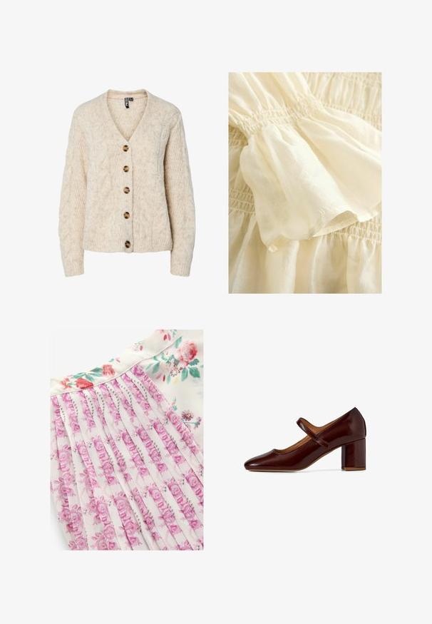 Lysebeige strikket cardigan med V-udskæring, kabelstrikkemønster og fem brune knapper ned foran. Ribstrikkede manchetter og kant.; Kremfarvet bomuldsstof med rynkede sektioner, der har en blød, let tekstur og en elastisk taljebåndsdetalje.; Blomsterkjole med hvid baggrund og pink og grønne blomstermønstre, plisseret design og en glat stoftekstur.; Bordeaux laklæder Mary Jane sko med firkantet tå, justerbar rem og kraftig firkantet hæl. Glat tekstur og poleret finish.