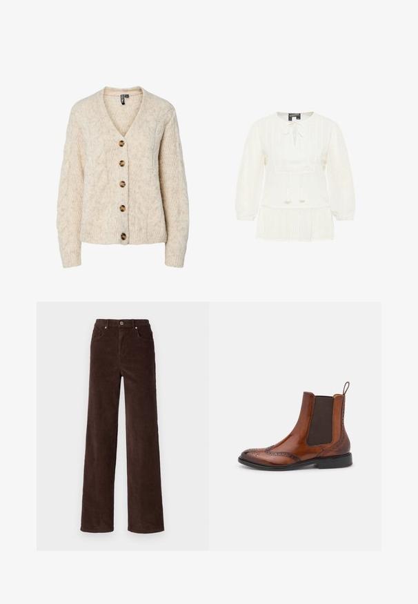 Lysebeige strikket cardigan med V-udskæring, kabelstrikkemønster og fem brune knapper ned foran. Ribstrikkede manchetter og kant.; Hvid bluse med lange ærmer, frontbinding, tekstureret stof med prikmønster og en plisseret peplumkant.; Vero Moda VMTESSA WIDE PANTS - Bukser - chocolate torte; Brune læder Chelsea-støvle med broguedetaljer, elastiske sidepaneler og en pull-tab. Har en rund tå og en sort sål.