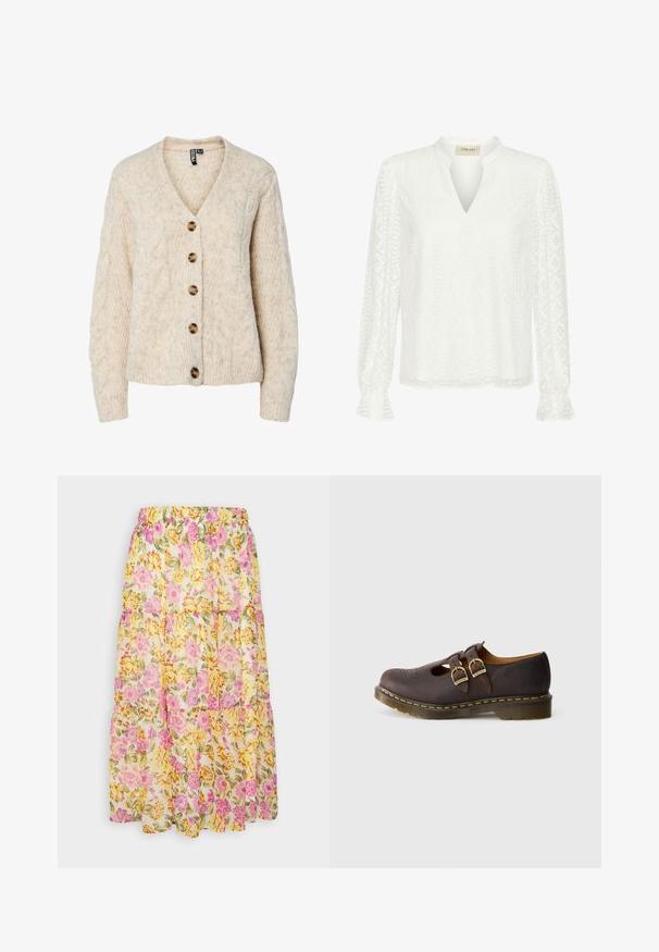 Cardigan en maille beige clair avec un col en V, motif torsadé, et cinq boutons marron sur le devant. Poignets et ourlet côtelés.; Blouse blanche à manches longues avec un col en V, texture en losanges complexe et poignets à volants. Fabriquée en tissu léger.; VILA VIMAGGIE MIDI SKIRT - Jupe trapèze - cloud dancer; Chaussure en cuir marron foncé avec des sangles à double boucle, un design perforé au niveau des orteils et une semelle épaisse translucide avec des coutures jaunes.
