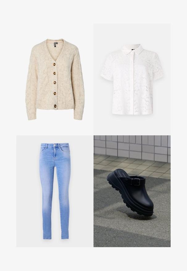Hellbeige gestrickte Strickjacke mit V-Ausschnitt, Zopfmuster und fünf braunen Knöpfen vorne. Gerippte Bündchen und Saum.; Weißes Kurzarmhemd aus Spitze mit Kragen und durchgängigem Knopfverschluss, das mit floralen Mustern im gesamten Material versehen ist.; Helle blaue Skinny-Jeans mit einem ausgeblichenen Waschung, ausgestattet mit einem Fünf-Taschen-Design, vorderem Knopfverschluss und einem sauberen Saum.; Schwarzer Slip-on-Clog mit dicker profilierten Sohle und verstellbarem Riemen, über Asphalt positioniert, mit gefliester Wand im Hintergrund.