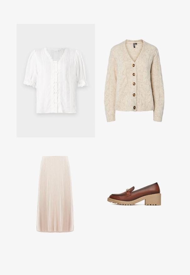 Lichtbeige gebreid vest met een V-hals, kabelgebreid patroon en vijf bruine knopen aan de voorkant. Geribbelde manchetten en zoom.; Witte blouse met pofmouwen, een gegolfde halslijn en knopen aan de voorkant. Textuurstof met verticale strepen en decoratieve afwerking.; Plissé midi rok in een lichtbeige kleur, gemaakt van een gladde stof, met smalle verticale plooien en een elastische tailleband.; Bruine leren instapper met een ronde neus, voorzien van een decoratieve band en gouden hardware, op een chunky beige rubberen zool met profiel.