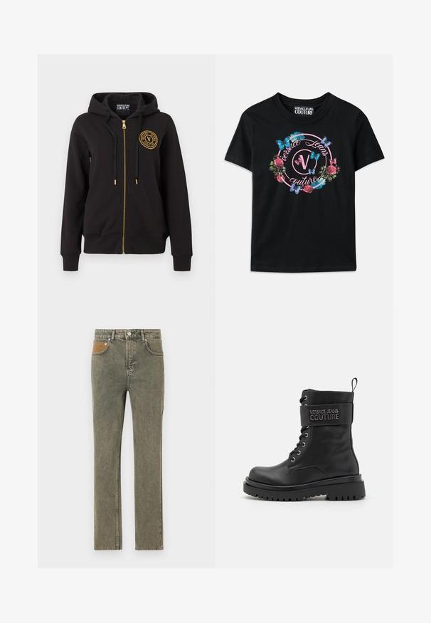 Sudadera negra con cremallera y capucha, cordones negros, cremallera dorada y logo redondo dorado de Versace Jeans Couture en el pecho izquierdo.; Camiseta negra con un gráfico colorido de flores y mariposas, con acentos en rosa y azul. "Versace Jeans Couture" impreso en un diseño circular.; Jeans de mezclilla verde con un diseño de pierna recta, que cuentan con un bolsillo de acento de pana marrón y un sutil desgastado en toda la tela.; Botín de combate negro con un acabado brillante, que presenta un tobillo acolchado, parte delantera con cordones y una correa con logo en relieve en la parte superior. Suela de goma.