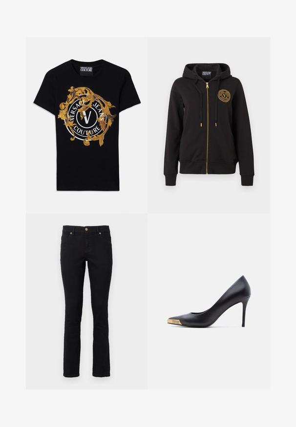 Sudadera negra con cremallera y capucha, cordones negros, cremallera dorada y logo redondo dorado de Versace Jeans Couture en el pecho izquierdo.; Camiseta de manga corta negra de Versace Jeans Couture con diseño barroco dorado y logo circular blanco centrado en la parte frontal.; Jeans de mezclilla negros con corte recto, diseño de cinco bolsillos, cierre de botón y acentos de hardware en tono dorado. Textura suave con un detalle mínimo.; Zapato de tacón alto de cuero negro con punta puntiaguda, punta metálica dorada grabada con "Versace Jeans Couture", mostrado de lado sobre fondo blanco.